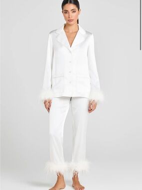 NADINE MERABI Ivory Satin Feather-Trim Pajama Set